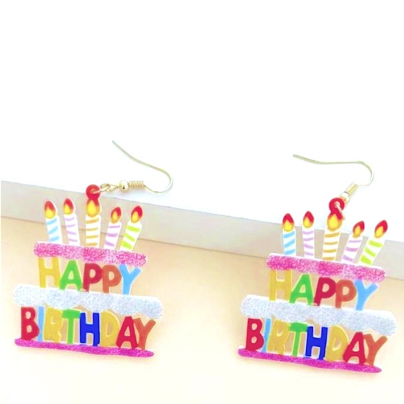 Happy Birthday Earrings Cake Candles Acrylic Dangle Pierced Ears Jewelry Party - Picture 2 of 7